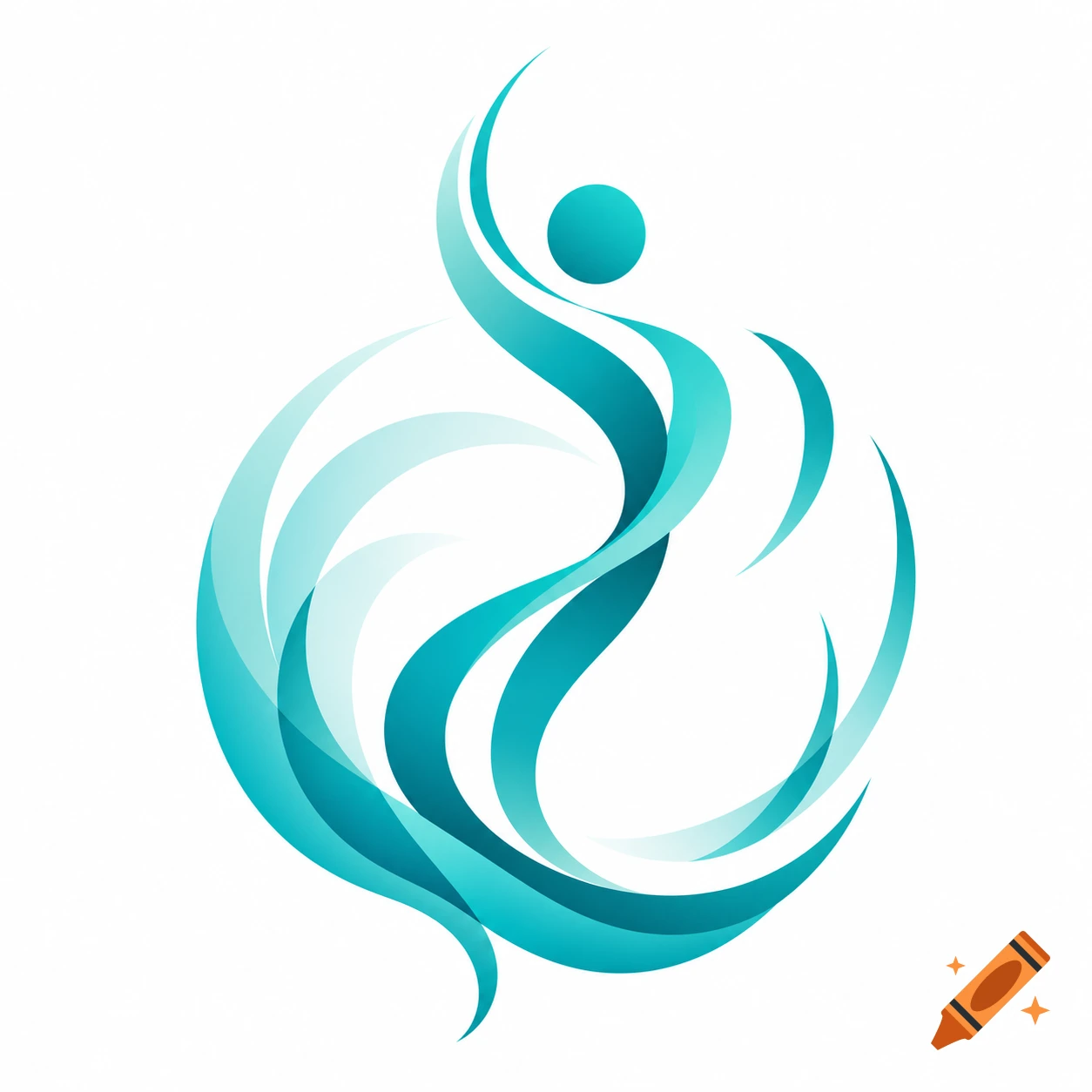 An abstract logo featuring flowing turquoise and teal ribbons forming a human-like figure and a circular wave motion.