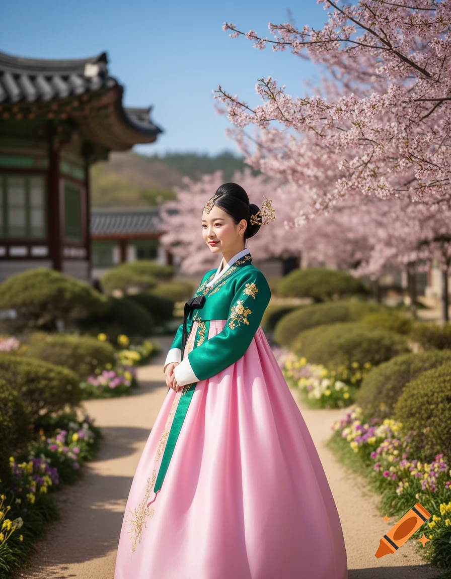 A young woman in a vibrant green and pink Hanbok smiles in a sunny Korean garden with blooming cherry blossoms and traditional architecture.