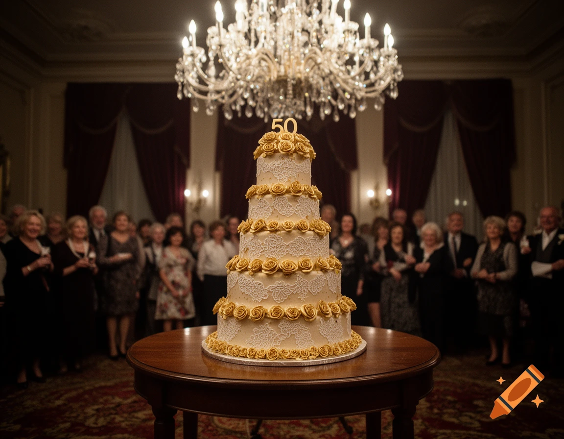 A five-tiered white and gold rose cake with the number 50 on top, in a formal room with blurred guests and a chandelier.