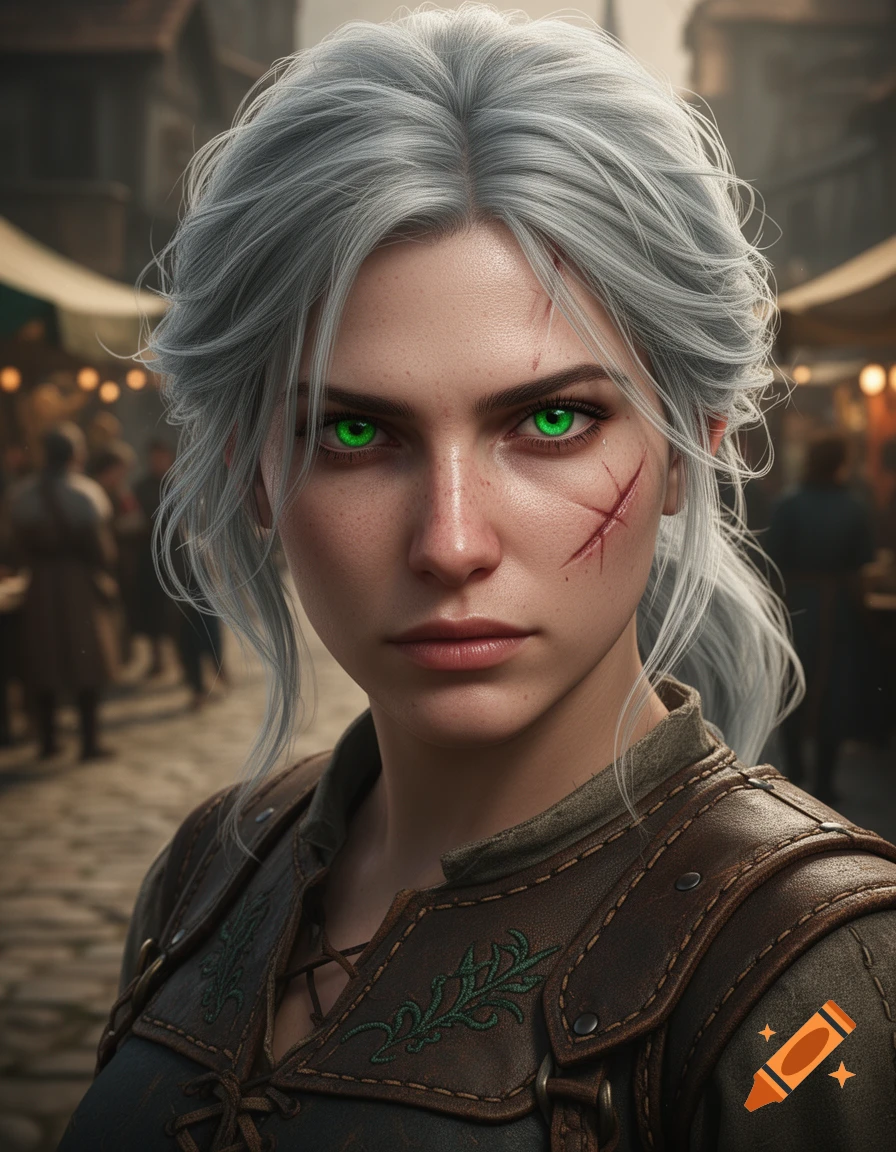 Close-up photorealistic portrait of a woman with white hair, bright green eyes, and scars on her face, wearing a leather tunic in a bustling medieval market.