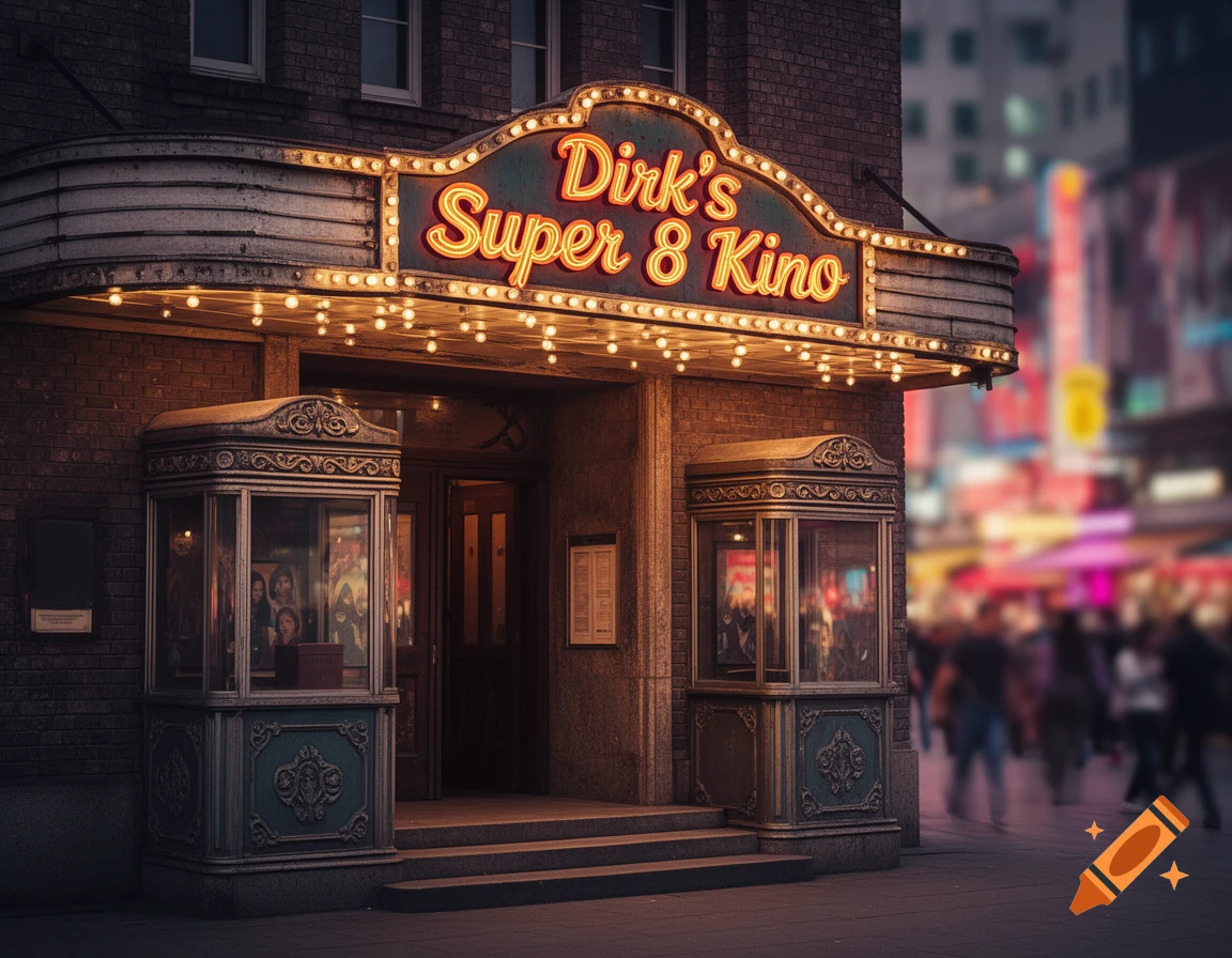 A vintage-style movie theater entrance with a glowing neon sign reading "Dirk's Super 8 Kino" at dusk, with street activity in the blurred background.