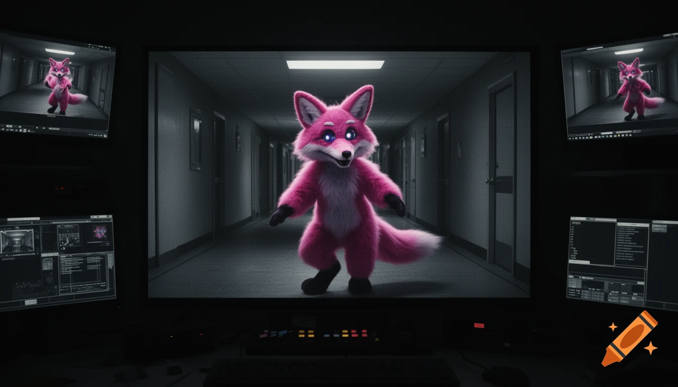 A pink fluffy fox animatronic with glowing blue eyes stands in a dark hallway, displayed across multiple security camera monitors in a control room.