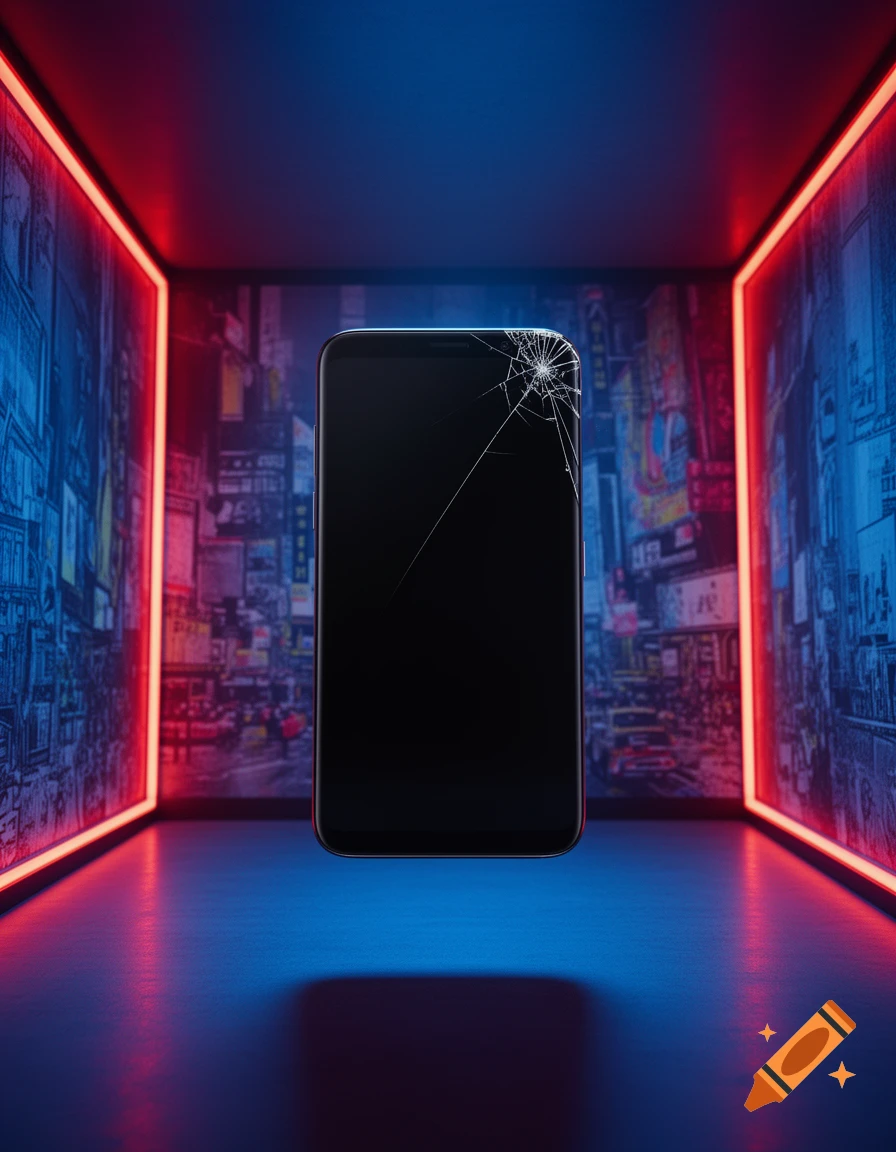 A black smartphone with a cracked screen levitates in a futuristic blue room with red neon lights and a blurry urban background.