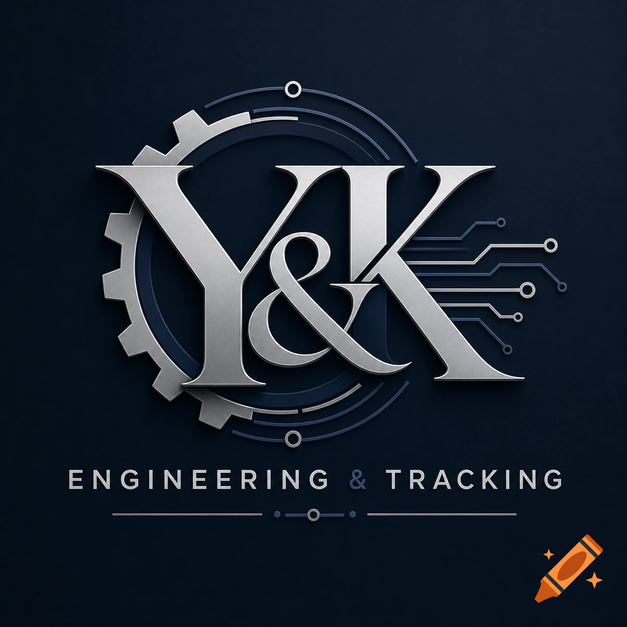 A metallic 3D logo featuring 'Y&K' with a gear, circuit lines, and 'ENGINEERING & TRACKING' on a dark blue background.