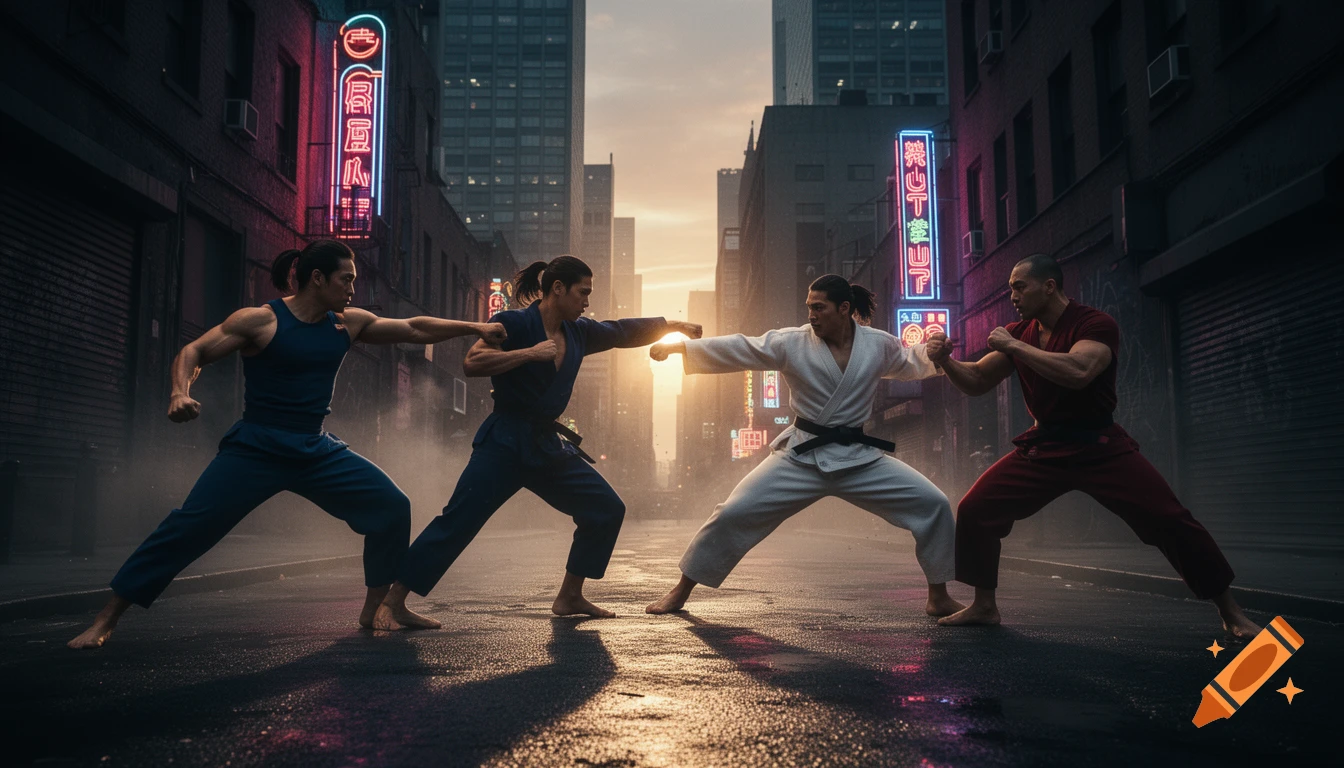 Four martial artists in fighting stances on a wet, neon-lit city street at dusk.
