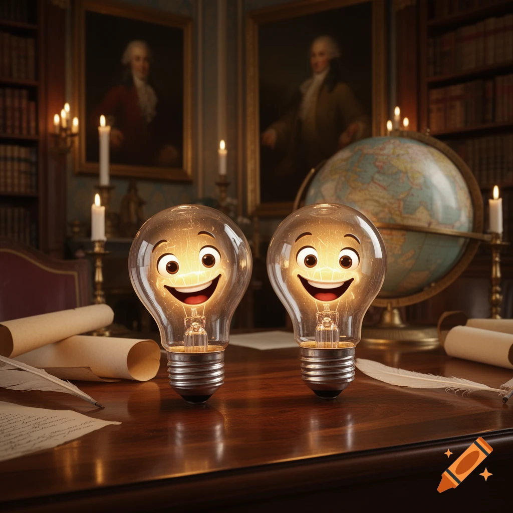 Two glowing, smiling lightbulbs sit on a wooden desk in a dimly lit, old-fashioned study, surrounded by books, scrolls, and a globe.