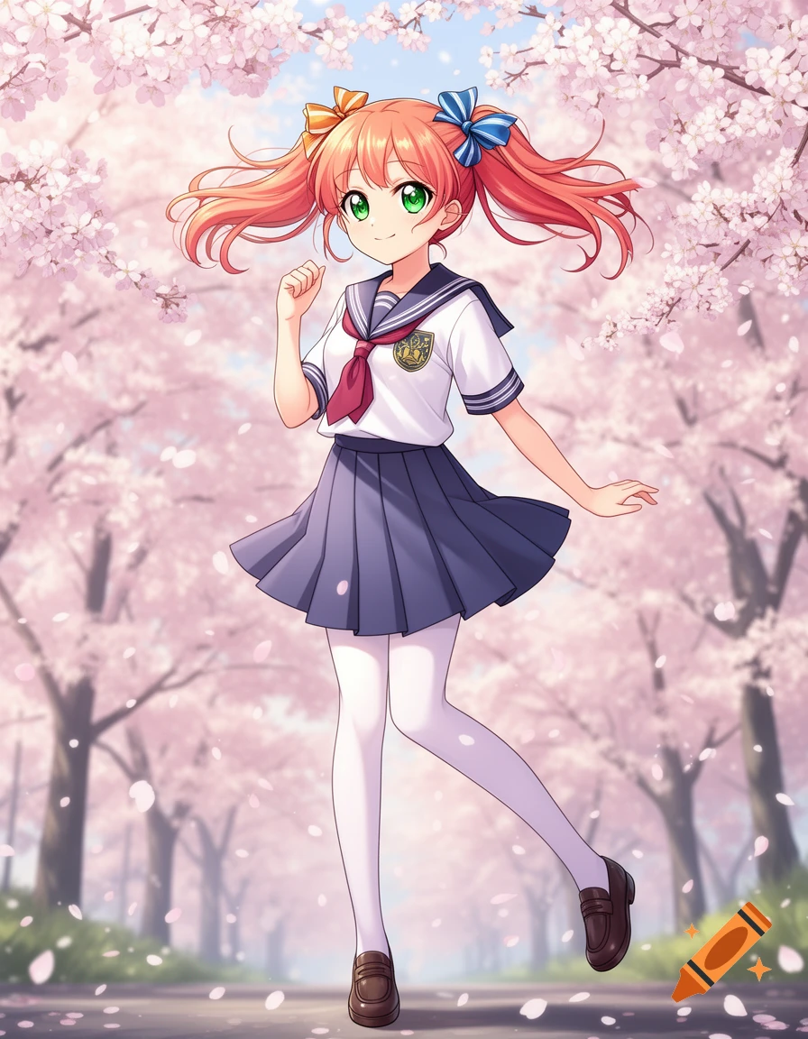 Anime girl with orange pigtails, green eyes, wearing a school uniform, standing in a cherry blossom-lined path.