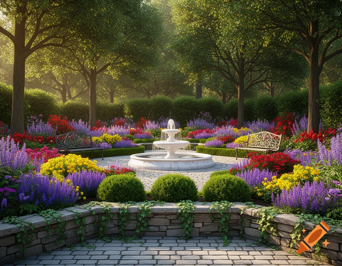 A vibrant formal garden with a white stone tiered fountain at its center, surrounded by colorful red, purple, and yellow flowers, lush green trees, and ornate benches on either side.