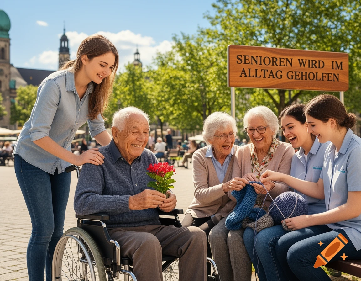 Young caregivers help and socialize with elderly people, one man holds flowers, two women knit, all smiling outdoors in a photorealistic style.