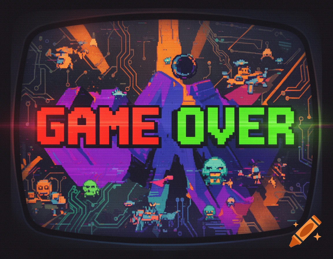 A retro pixel art 'GAME OVER' screen on a CRT monitor, featuring spaceships, skulls, and circuit board patterns.