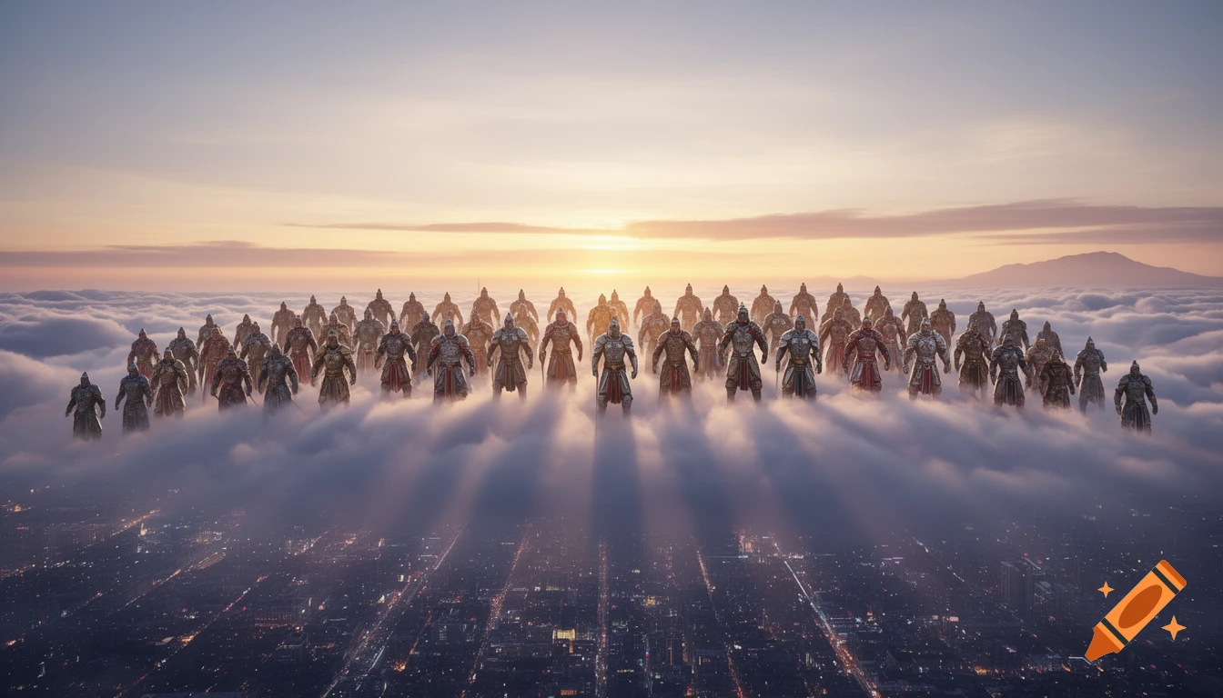 An army of warriors in armor stands on clouds, gazing over a city with glowing lights at sunrise.