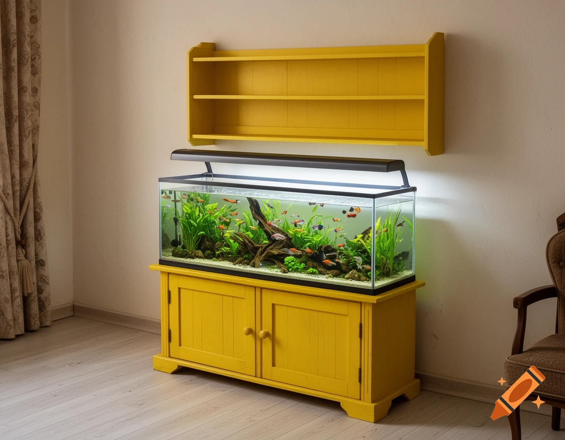 A vibrant aquarium with fish and plants on a yellow cabinet, topped by a matching shelf, in a light-floored living room.