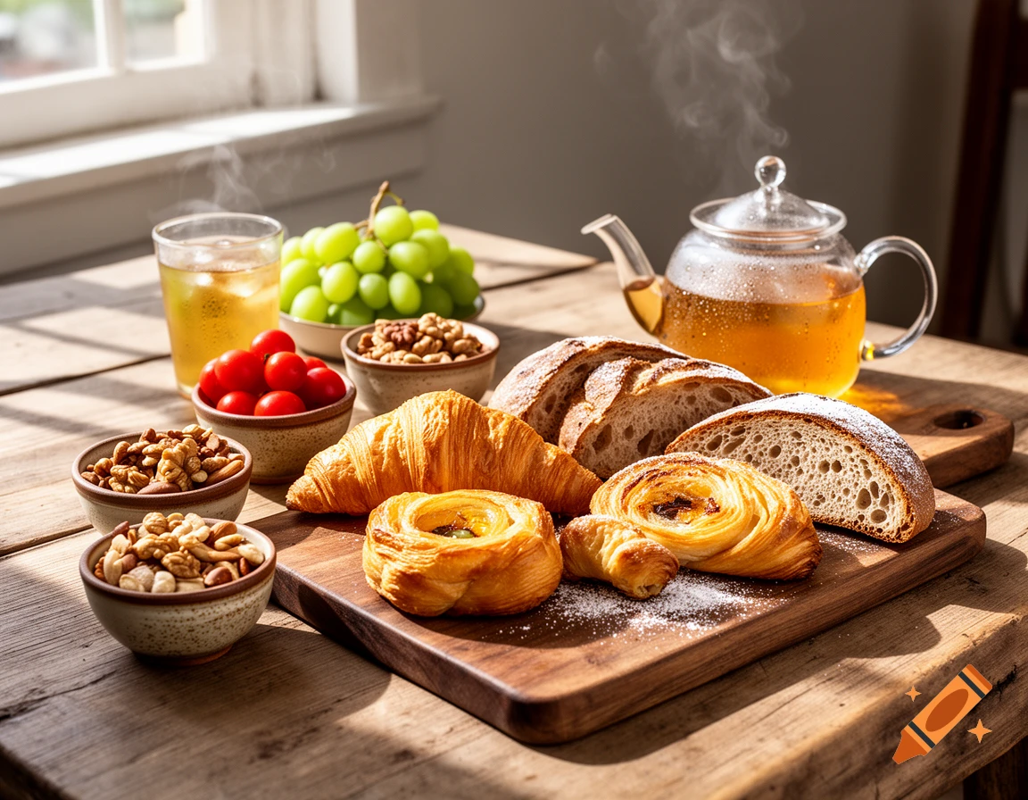 A photorealistic spread of breakfast items including pastries, bread, nuts, grapes, tomatoes, tea, and an iced drink on a wooden table by a window.
