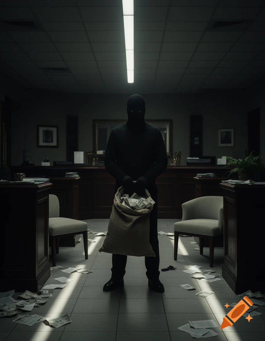 A masked bank robber stands in a dark, messy bank, holding a large bag of money as papers and bills litter the floor.