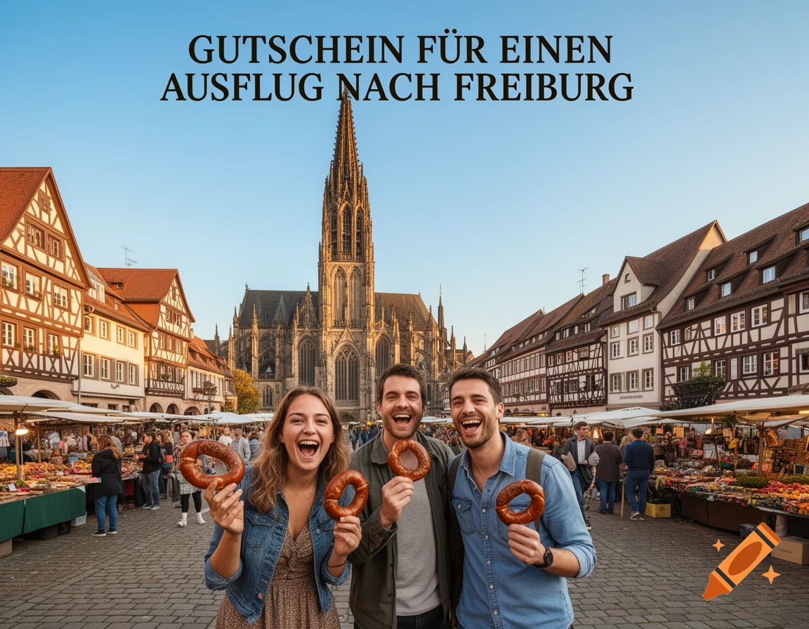 Three happy people holding pretzels in a lively market square in Freiburg, Germany, with the Münster cathedral and traditional buildings in the background. The text reads "Gutschein f ar einen Ausflug nach Freiburg".