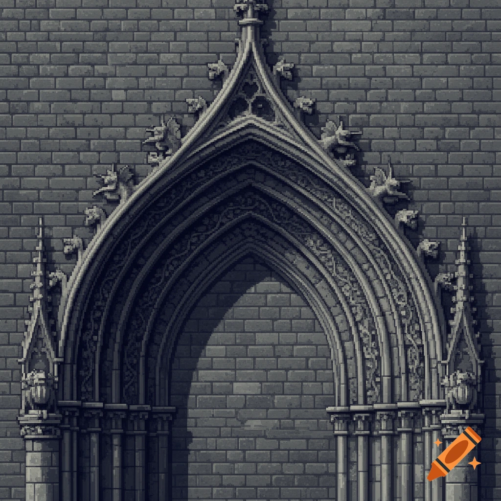 A detailed pixel art rendering of a gothic stone archway on a brick wall.