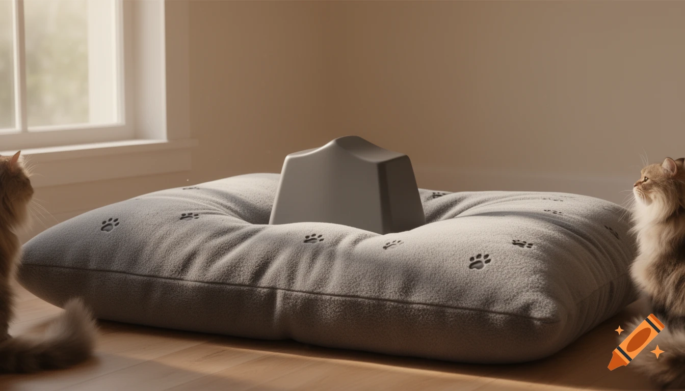 Two fluffy cats observing a large grey cushioned pet bed with paw prints and a central key-shaped object, bathed in sunlight.