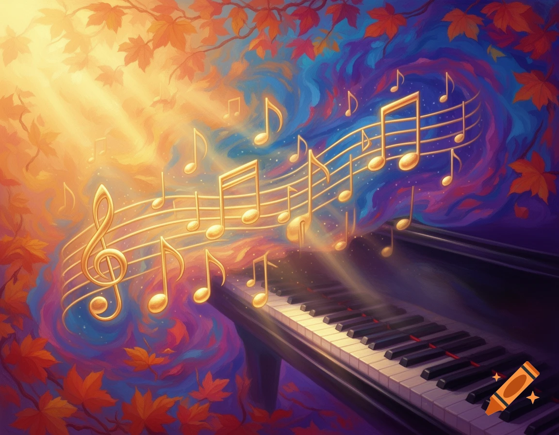 A vibrant, painterly scene of a piano with golden music notes floating above, surrounded by warm autumn leaves and sunlight.