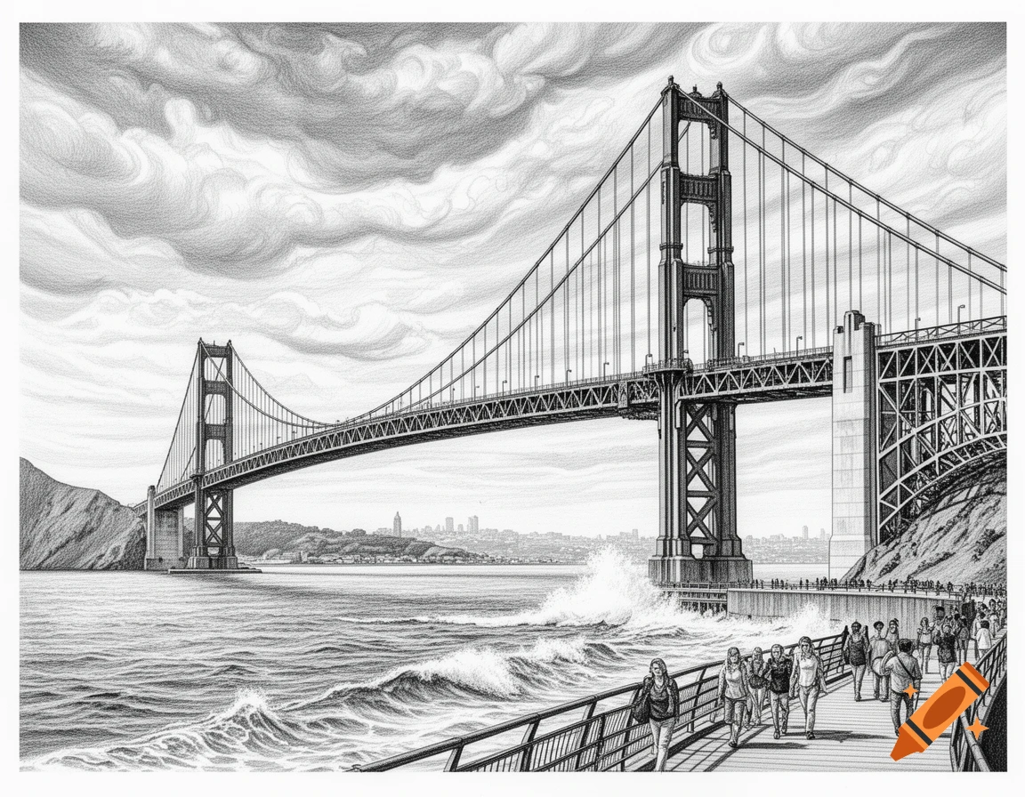 Black and white hyperdetailed drawing of the Golden Gate Bridge with waves in the bay and people walking on a path.
