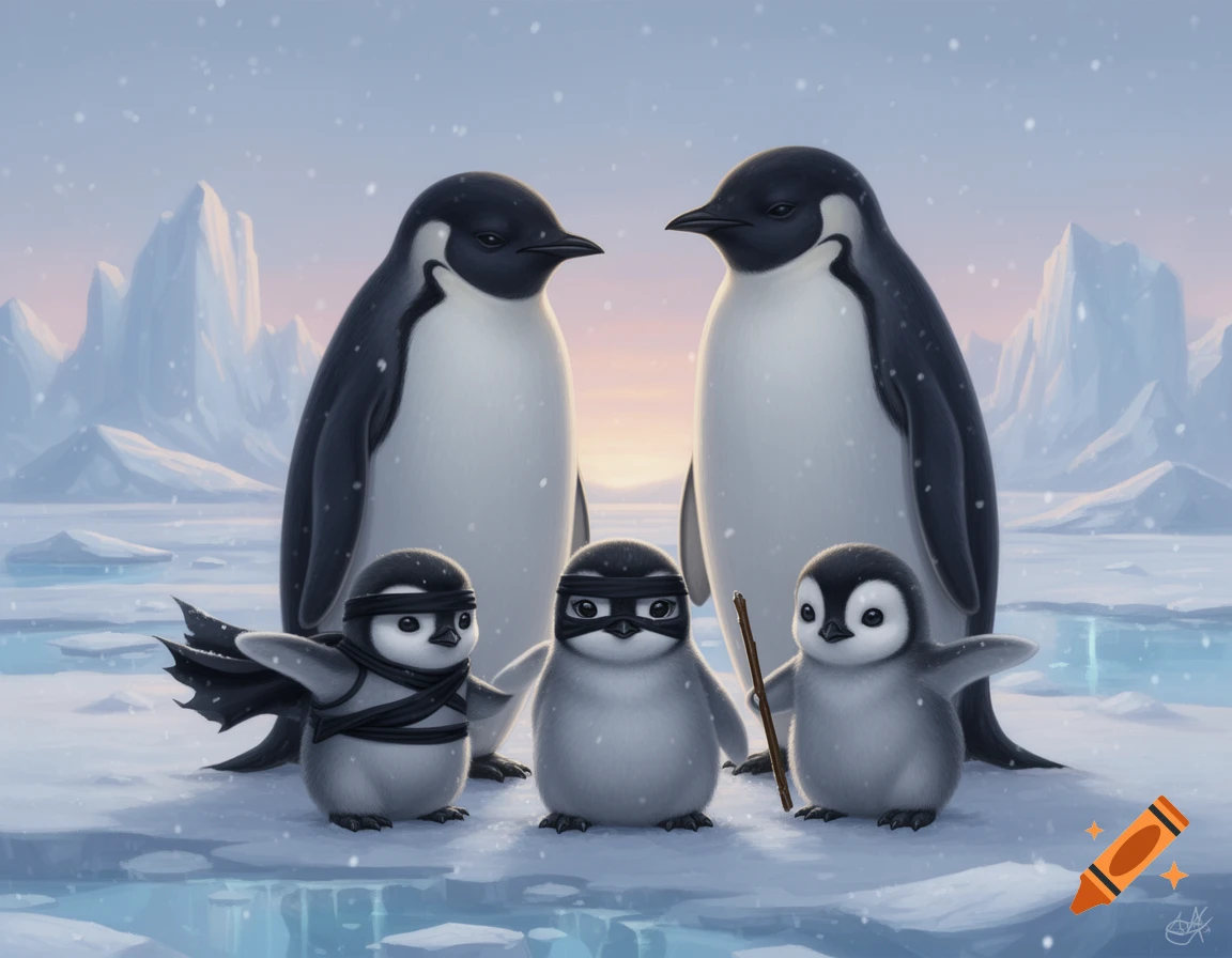 Two adult penguins and three baby penguins on a snowy ice floe; two babies are dressed as ninjas. Illustrated style.