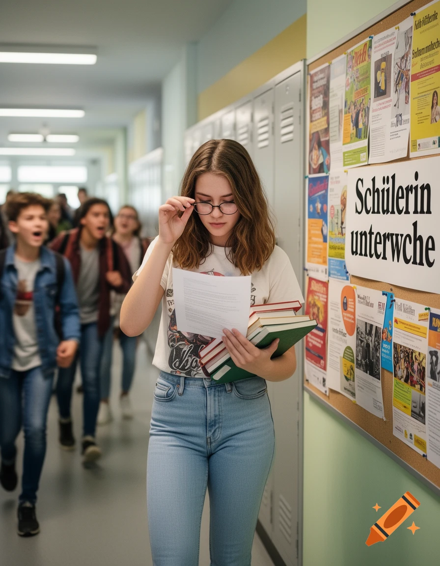 A young female student holding books and papers, adjusting her glasses in a school hallway with other students.
