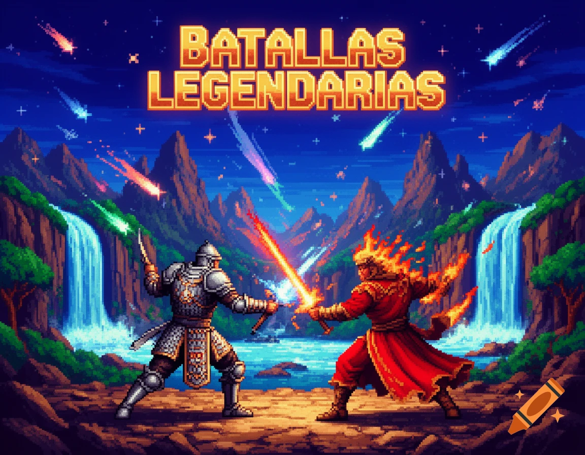 Pixel art fantasy battle cover featuring two warriors with glowing swords under a starry sky with mountains and waterfalls. Text reads 'BATALLAS LEGENDARIAS'.