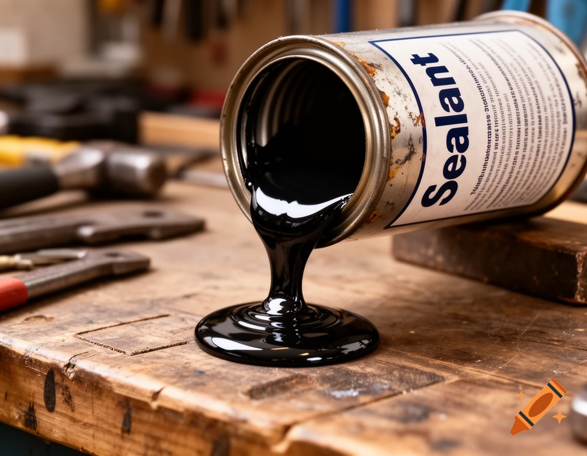 A rustic, rusty can labeled "Sealant" is tilted, pouring a thick, black liquid onto a wooden workbench with tools in the background.