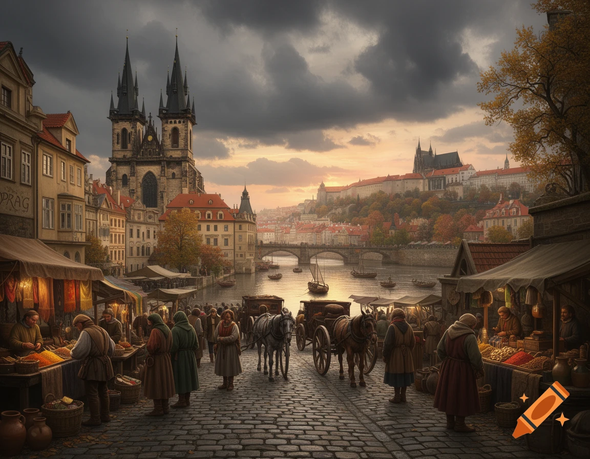 A bustling 14th-century market scene on a cobblestone street in Prague, featuring a gothic cathedral, river, and castle under dramatic skies.