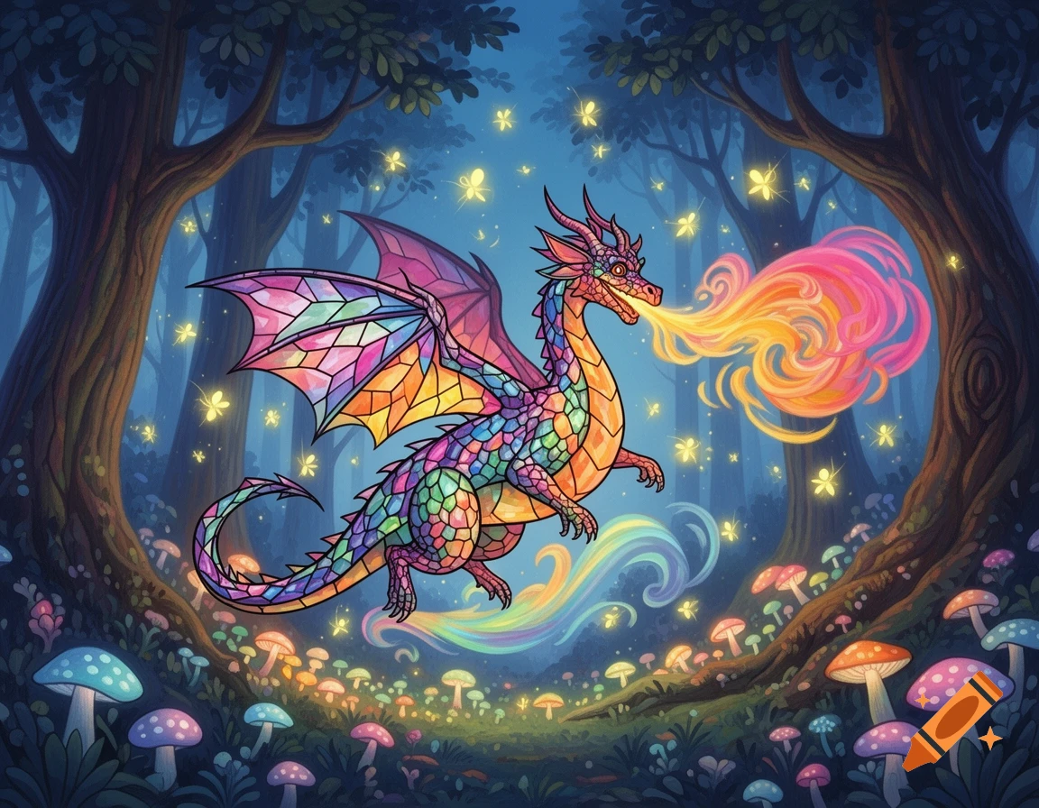 A whimsical stained glass dragon breathing rainbow smoke flies through an enchanted forest filled with glowing mushrooms and fireflies at twilight.