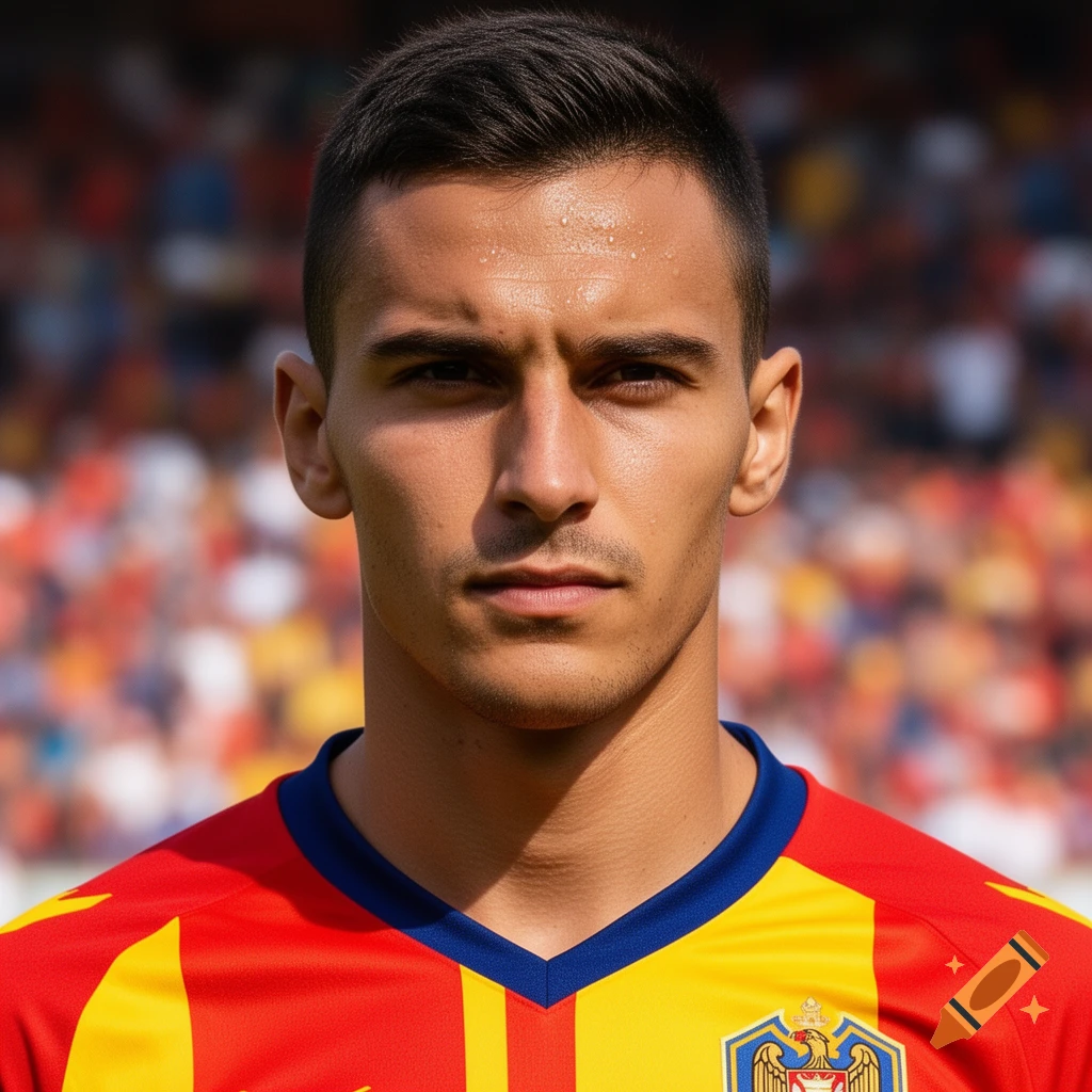 A photorealistic portrait of a young male footballer in a red and yellow jersey, looking directly at the viewer with a serious expression, with a blurred stadium background.
