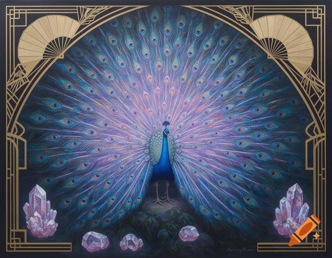 An oil painting of a vibrant peacock with its tail fanned out, surrounded by purple crystals, framed by golden Art Deco patterns.