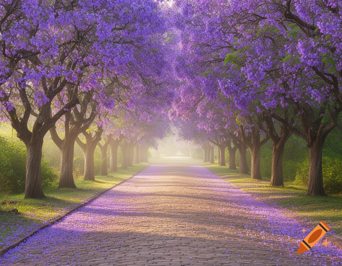 A serene path lined with vibrant purple jacaranda trees, their blossoms scattered on the ground, under a soft, misty light.