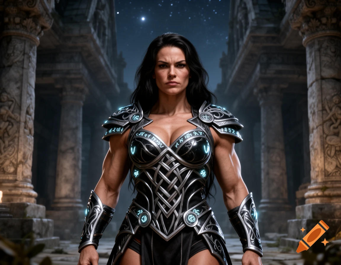 A muscular female warrior in dark, glowing fantasy armor stands defiantly in ancient ruins under a starry night sky.