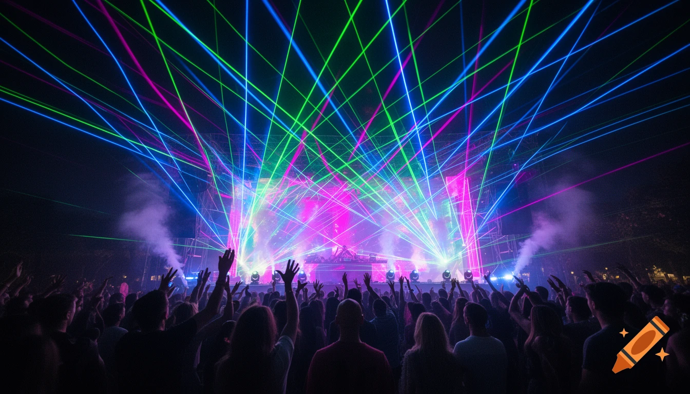 A crowd of people with hands raised watching a colorful laser light show at an outdoor concert or festival.