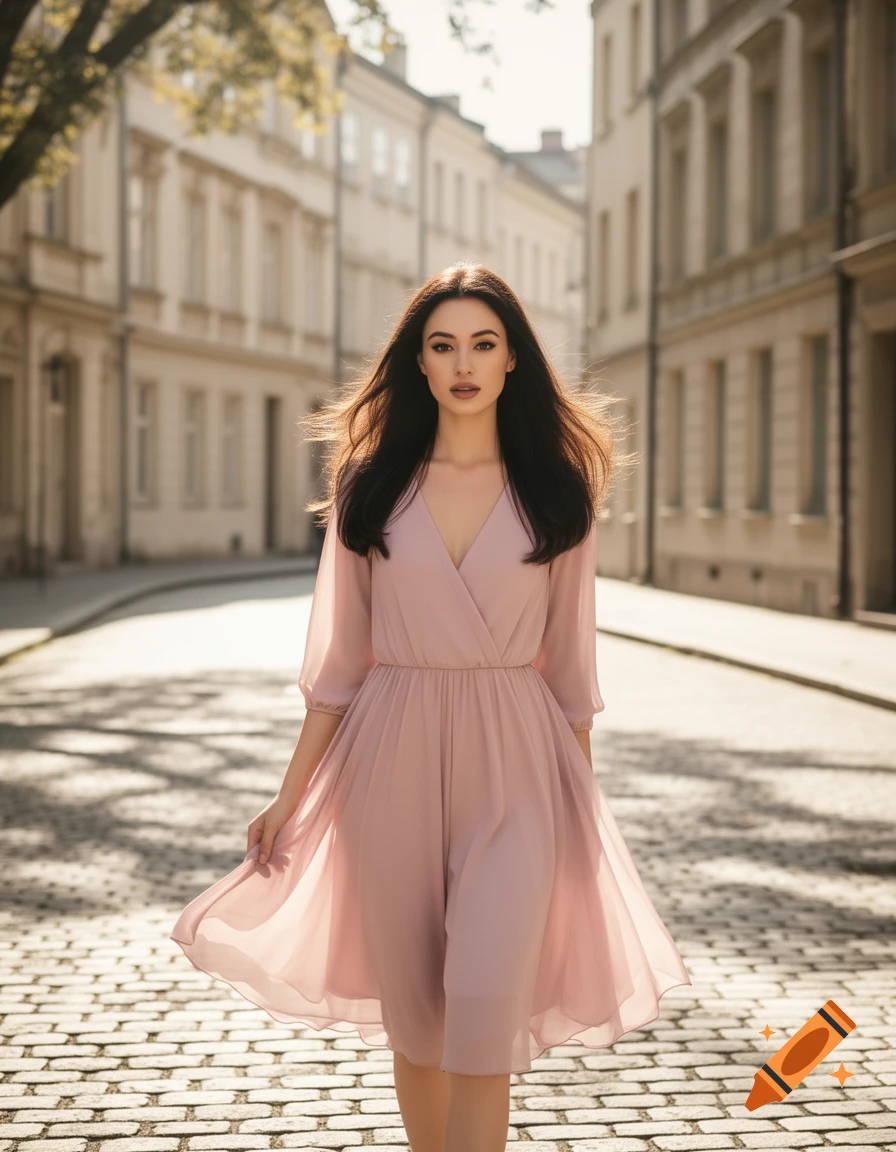 A young woman with long dark hair, wearing a flowing pink dress, walks down a sunlit cobblestone street lined with historic buildings.