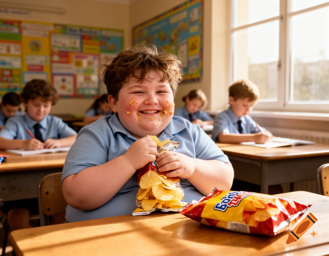 A happy young boy with messy hair and chip crumbs on his face, holding an open bag of chips at a school desk in a classroom.