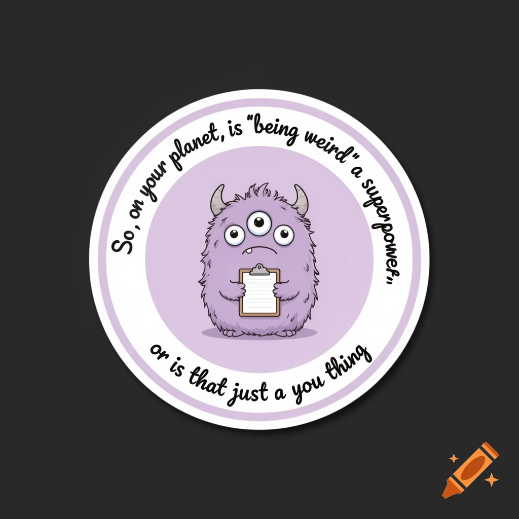 Cute round lavender sticker with a three-eyed purple monster and the quote 'So, on your planet, is 'being weird' a superpower, or is that just a you thing'.