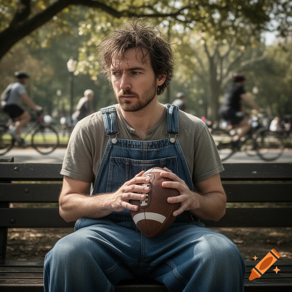 A man in overalls sits on a park bench, holding a football with a dazed expression.