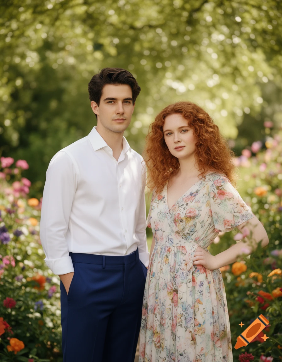 A photorealistic image of a man in a white shirt and blue pants standing next to a red-haired woman in a floral dress, both in a blooming garden.