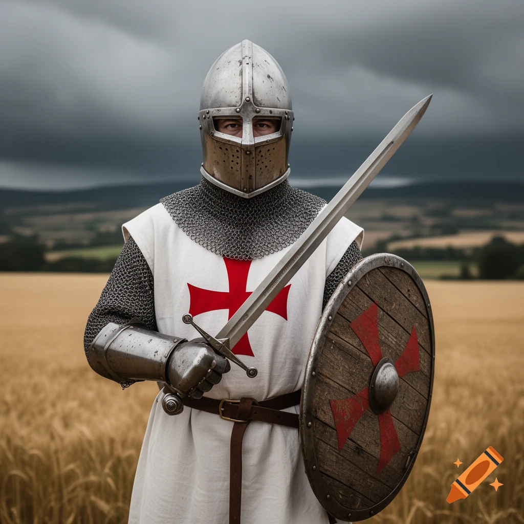 A medieval Knight Templar in armor, holding a sword and shield, stands in a golden wheat field under a cloudy sky.