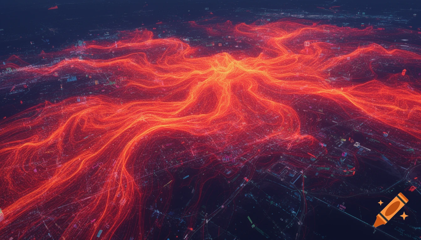 Aerial view of an abstract digital data landscape with glowing red-orange thermal lines flowing across a dark background.