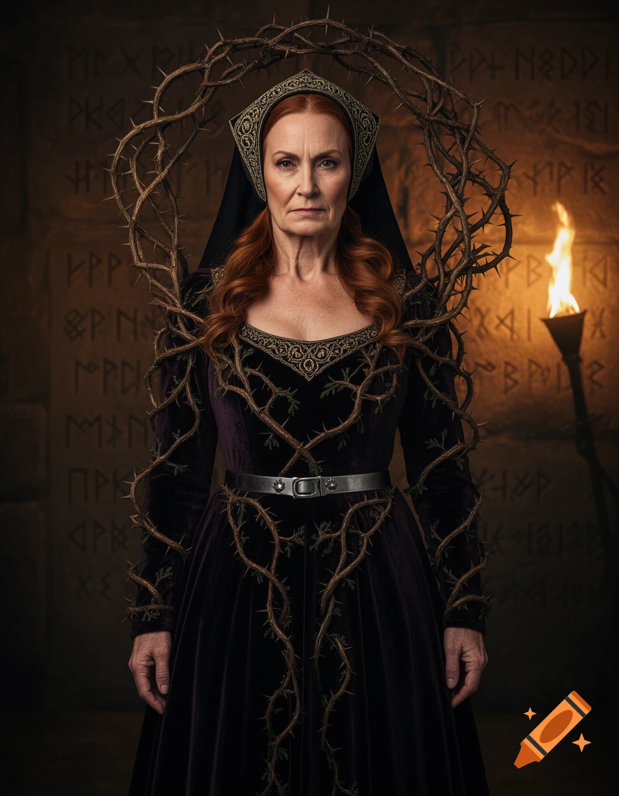 A stern, red-haired woman in a dark, thorn-adorned medieval gown and headdress stands before a runic stone wall with a torch.