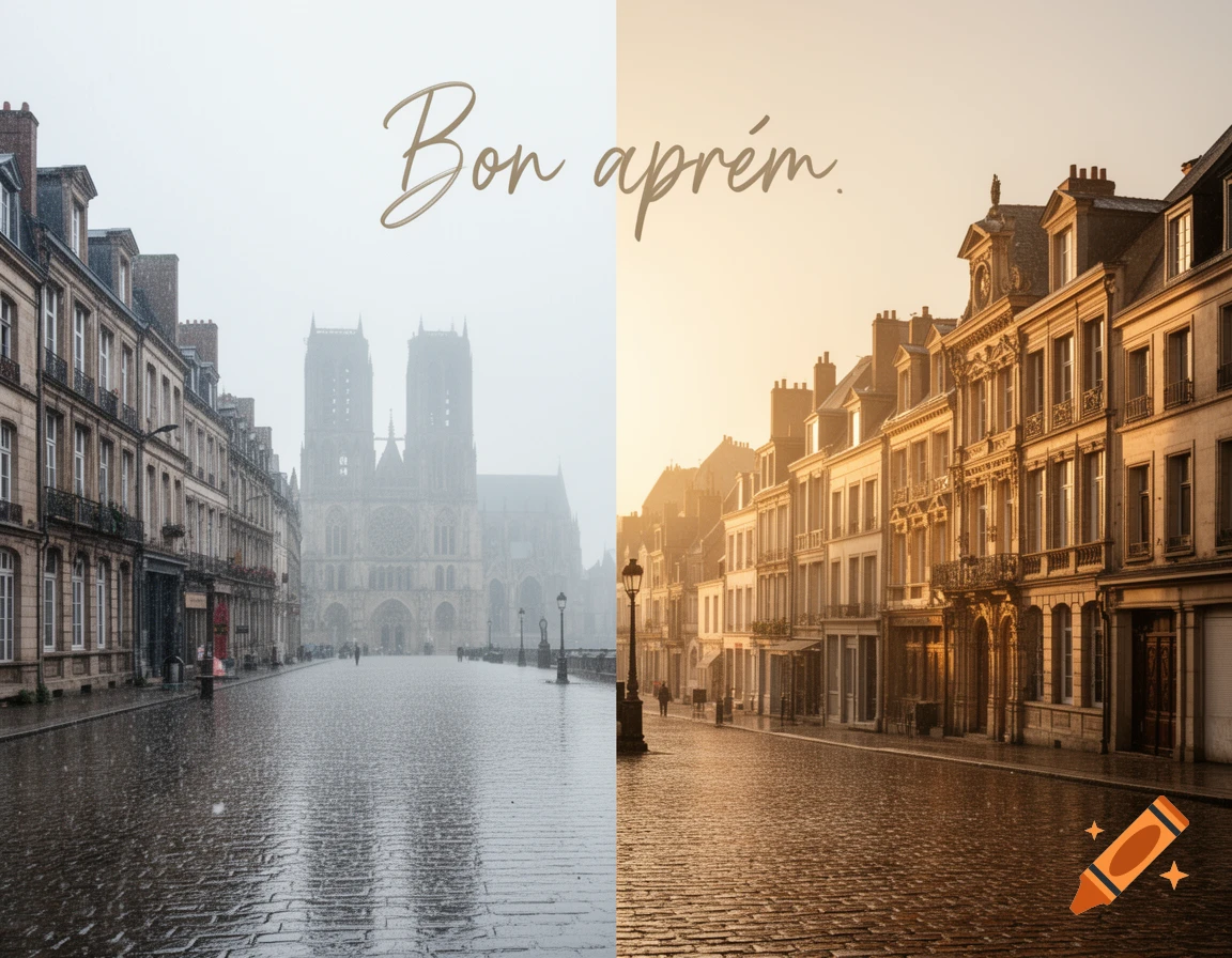 A split image of a Rouen street and cathedral. Left is rainy and foggy, right is sunny. Text reads "Bon aprém."