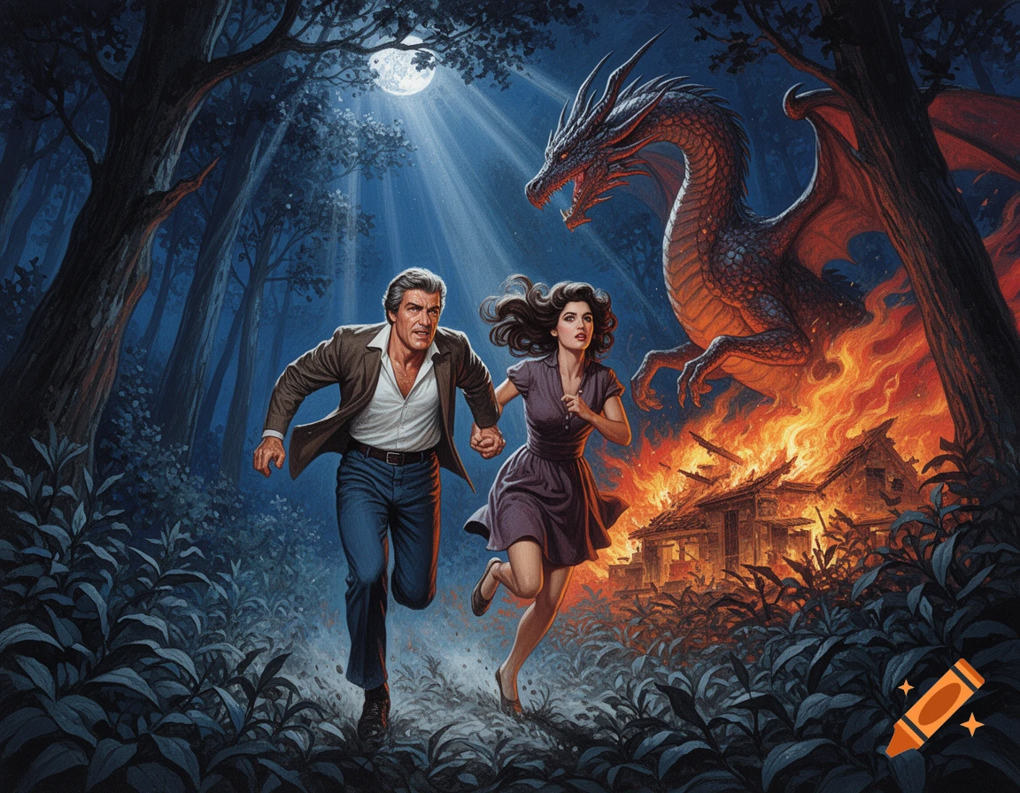 A man and woman run through a dark, moonlit forest while a red dragon burns a house in the background, in a dramatic painted style.