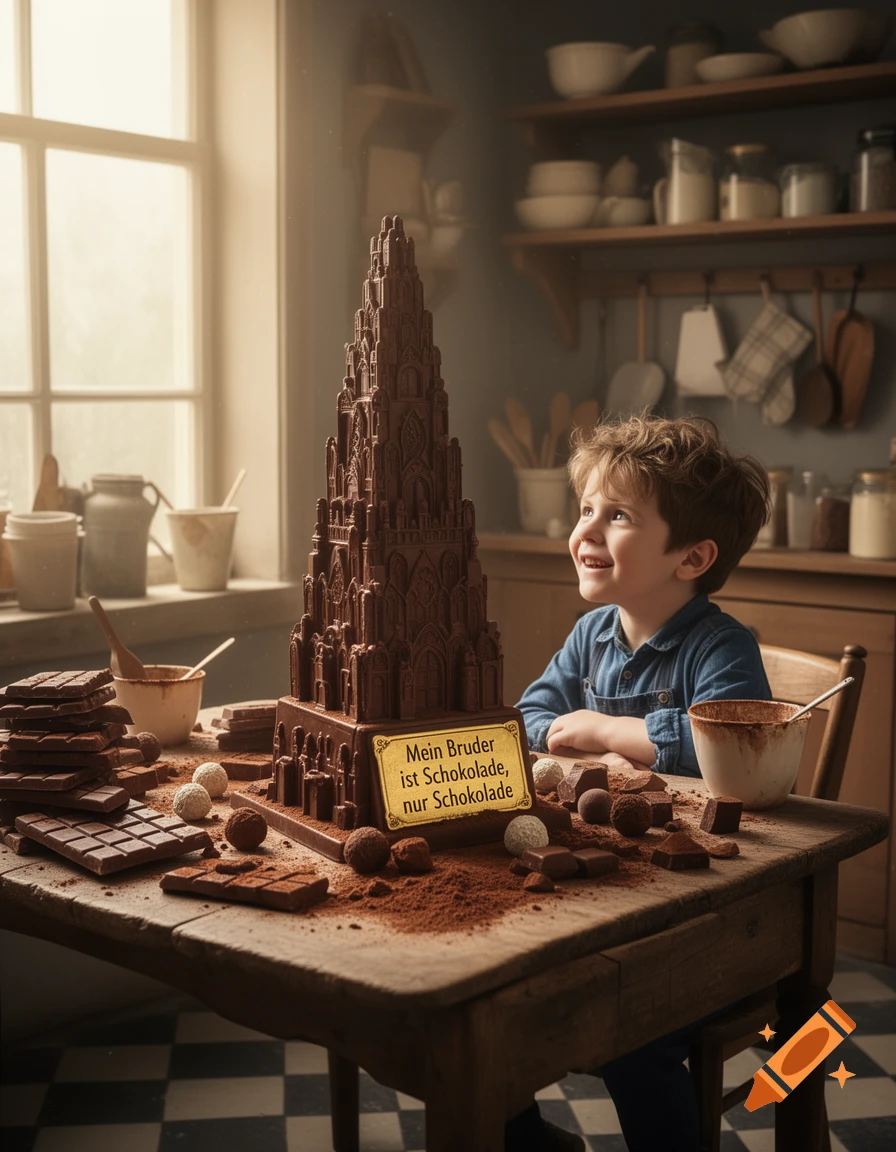 A smiling young boy looks up at a tall, intricate chocolate sculpture in a rustic kitchen, surrounded by chocolate bars and cocoa powder.