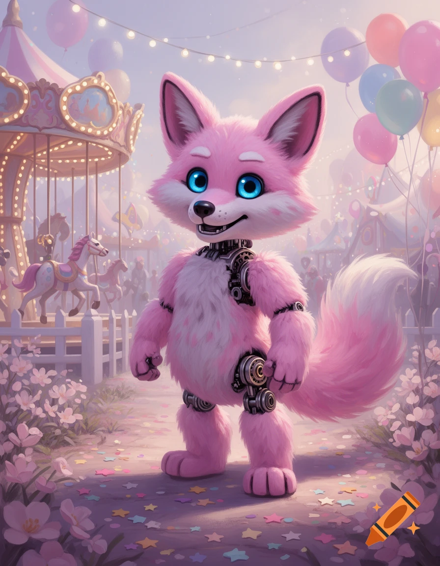 A bright pink fluffy fox animatronic with blue eyes stands in a whimsical carnival setting with a carousel and balloons.