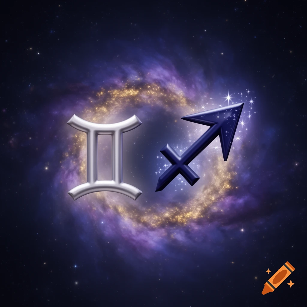 3D silver Gemini symbol and blue Sagittarius symbol against a swirling purple and gold galaxy with stars.