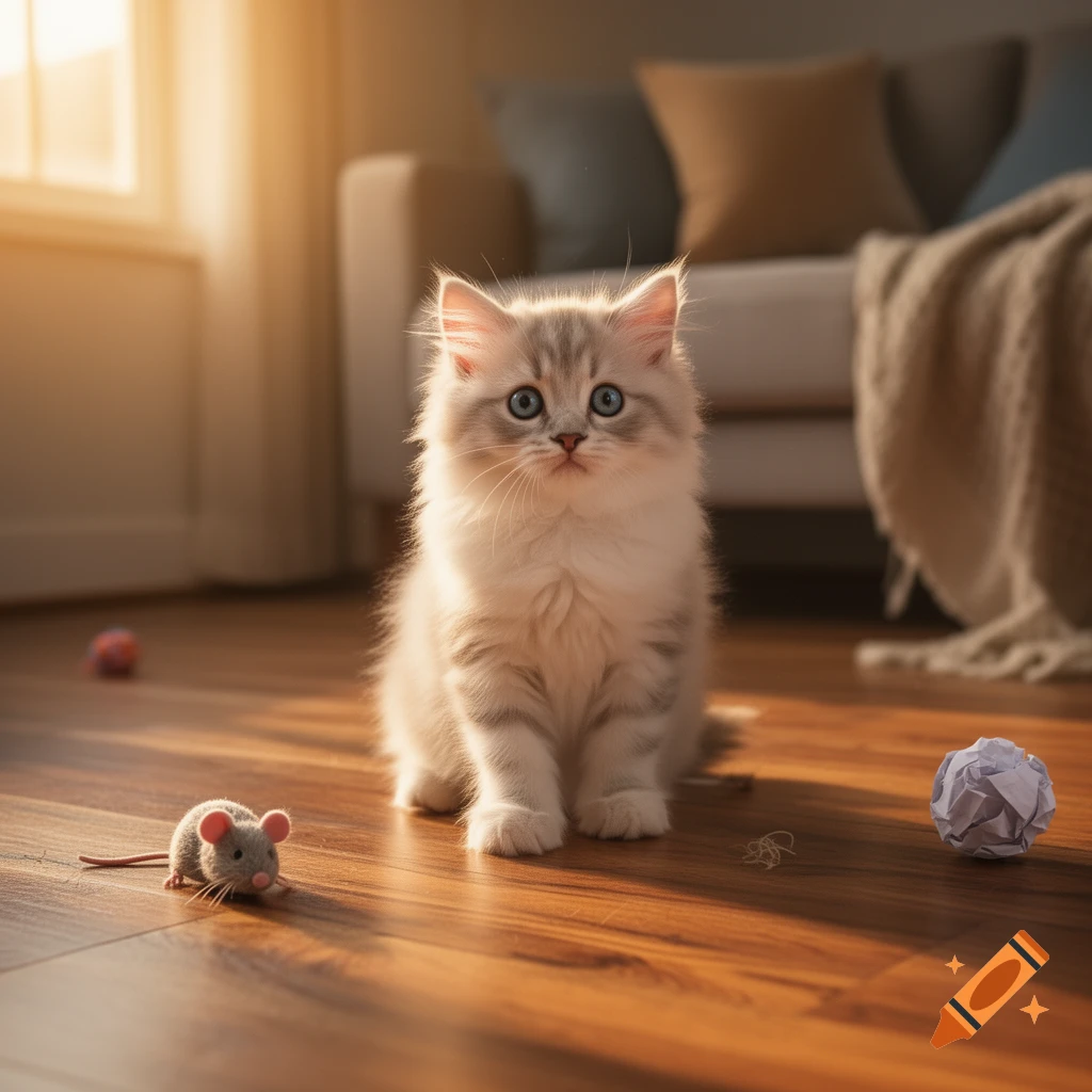 A fluffy white and grey kitten with blue eyes sits on a wooden floor, surrounded by a toy mouse and crumpled paper ball, illuminated by sunlight.