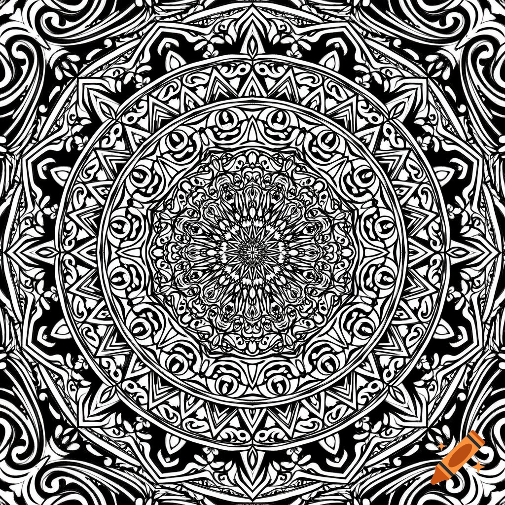 A complex black and white mandala pattern with intricate details and swirling designs.