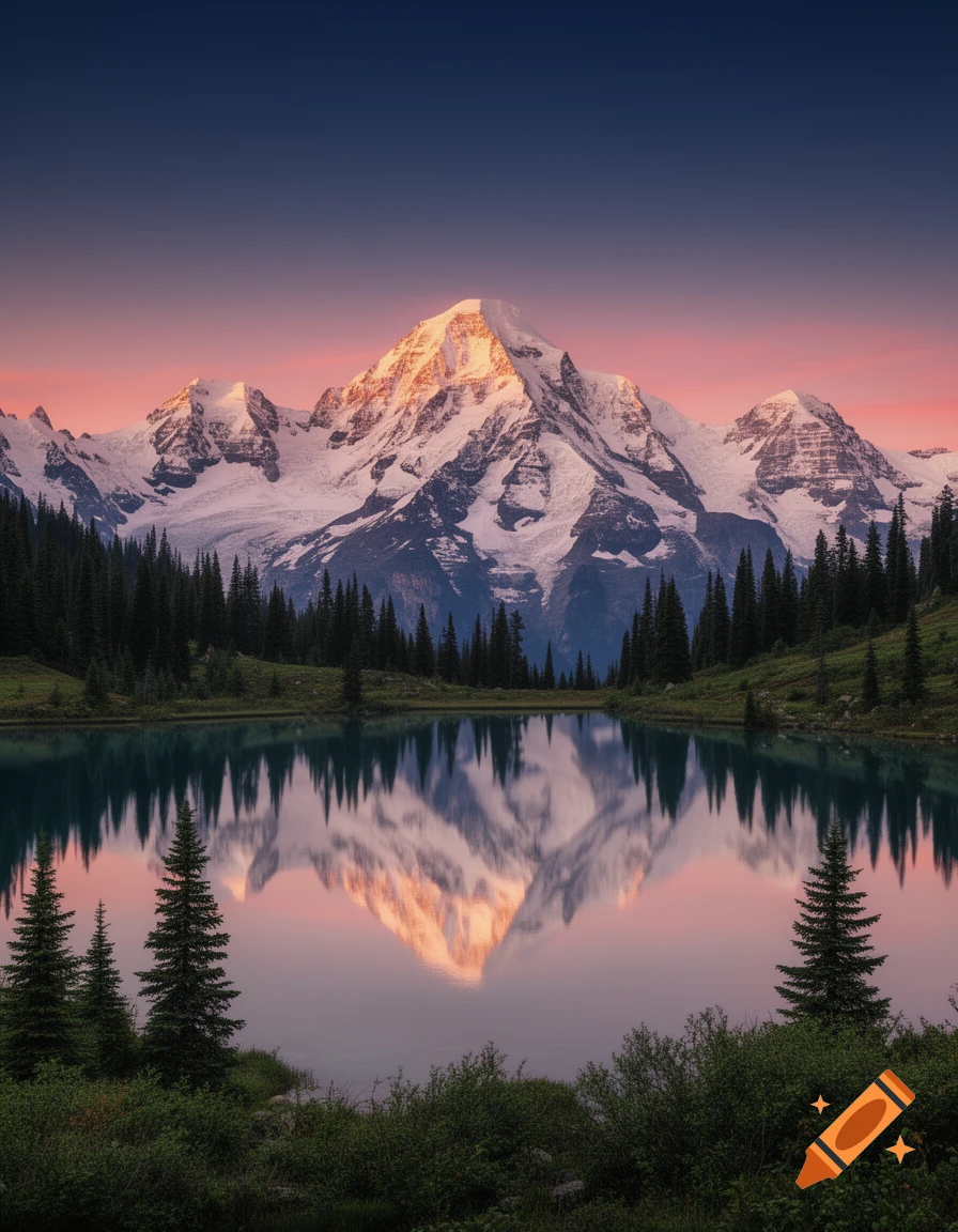 A stunning landscape of a snow-capped mountain reflecting in a still lake at sunrise, surrounded by pine trees.